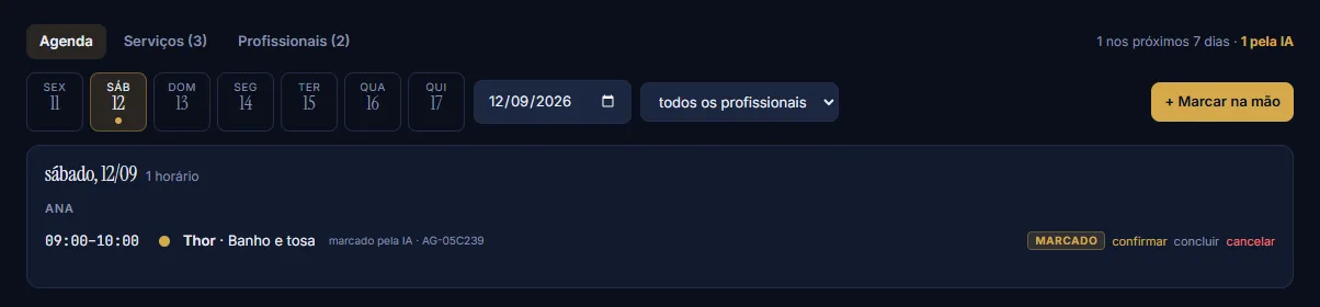 Tela da Agenda com um horário de banho e tosa marcado pela IA